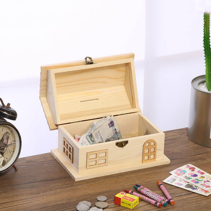 Wooden creative small house with lock piggy bank only can't get into ...