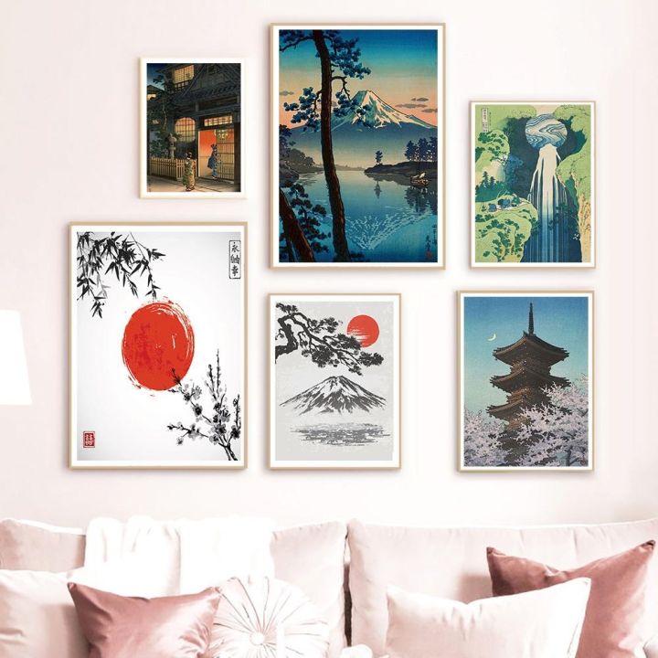 ญี่ปุ่น-mountain-lake-retro-art-ภูมิทัศน์ภาพวาดผ้าใบ-wall-art-ไม้ไผ่ดอกไม้-sun-โปสเตอร์ตกแต่งห้องนั่งเล่น-mural-decor