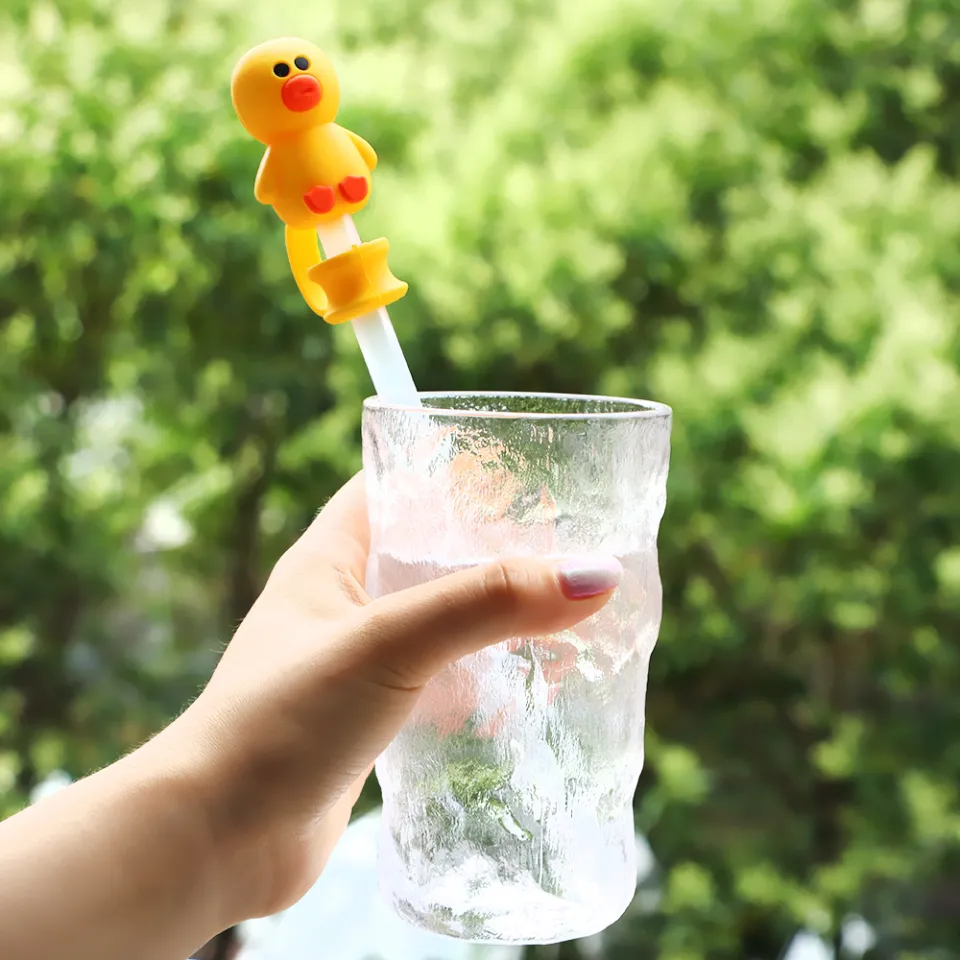 Straw Covers Cap Cute 2 Pcs Silicone Straw Tips Cover Reusable Drinking Straw Tips Lids Adorable Straw Plugs (Yellow Duck)