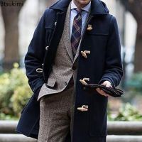 【CW】 New Men  39;s Coat Hooded Horn Buckle Lapel Collar Sleeve Warm Jacket Men Thicken