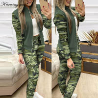 Women zipper coat +Long pant tracksuit set Lady Autumn slim Suits Leopard Stand Collar Sequines Stitching Top long pant Set 3XL