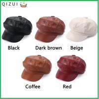 QIZUI ฤดูใบไม้ร่วงฤดูหนาว สีทึบ หนัง PU แฟชั่นใหม่ หมวกนิวส์บอย หมวกแหลม หมวกเด็กส่งหนังสือพิมพ์ หมวกเบเร่ต์