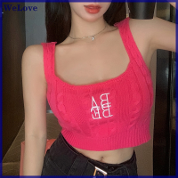 We[love] ฤดูร้อนตัวอักษรปักเสื้อถักผู้หญิงเซ็กซี่แขนกุด Slim Crop TOP