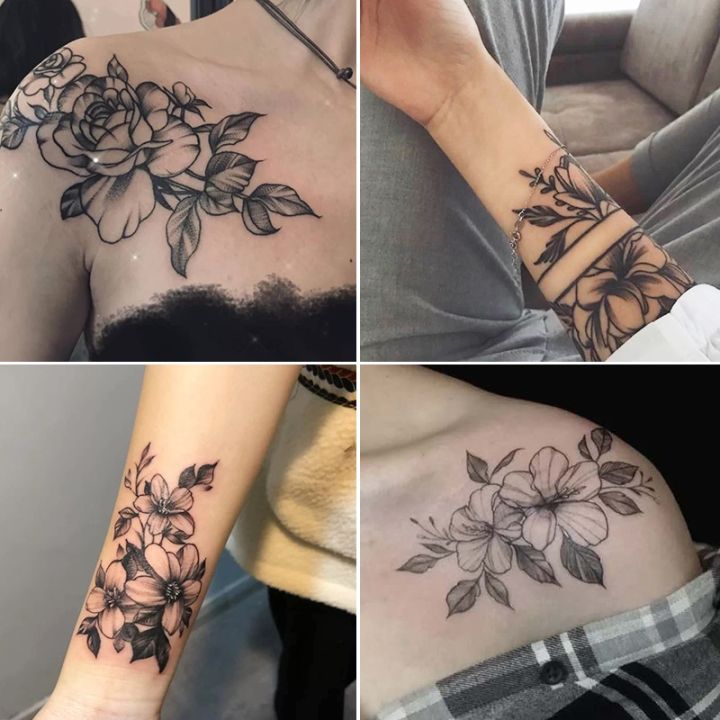 12pcs Plain Flower Tattoo Stickers Waterproof Female Long-lasting Dark  Black Clavicle Sexy Arm Tattoo Large Pattern Temporary Tattoo | Lazada