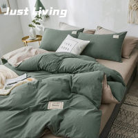 JustLiving ชุดเครื่องนอนผ้าปูเตียงในบ้าน,ปลอกผ้านวมสีทึบ3/4ชิ้น + ปลอกหมอน + ผ้าปูที่นอน + ผ้าปูเตียงเนื้อนิ่มด้านข้างสำหรับเด็กชายวัยรุ่นหญิงชุดเครื่องนอนผ้าลินินขนาดใหญ่ขนาดคิงไซส์