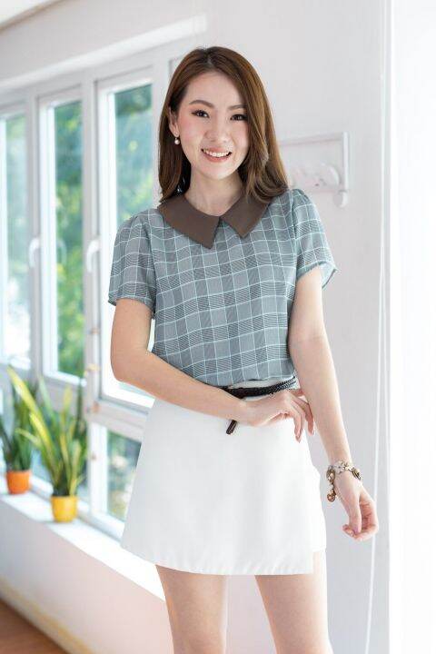 narinari-mt1301-point-collar-checked-blouse-เสื้อทำงาน