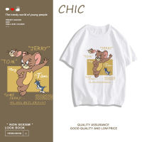 CHIC ผ้าฝ้ายแท้ การ์ตูนแมวทอมพิมพ์เสื้อยืดแขนสั้น สบาย ๆ T0112