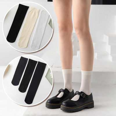 ถุงเท้ายาวกลางน่องทรงท่อสั้นกำมะหยี่สีดำสำหรับผู้หญิงถุงน่องยาวเหนือเข่านักเรียน JK ต้นขา MODE Korea สไตล์ญี่ปุ่น1คู่
