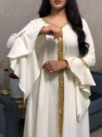 【YF】 Siskakia Jalabiya Kaftan Dress For Women Dubai Turkey Golden Ribbon Embroidery Loose Muslim Arabic Clothing White 2020