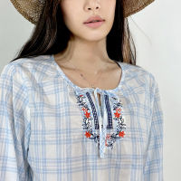 PORTLAND เสื้อคอปัก ลายตาราง / Sleeve Blouse with Embroidery (BLUE)