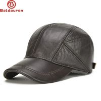 Hot Sale Casual Real Leather Earflap Cap Men Real Cowhide Leather Caps Male Fall Winter Genuine Real Cow Leather Baseball Hats