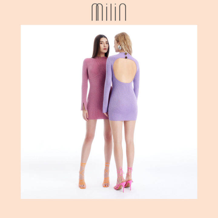 milin-high-neckline-with-open-back-long-sleeves-fitted-knitted-bustier-dress-เดรสคอสูงเปิดด้านหลังทอนิตติ้งทรงเข้ารูปแขนยาว-flirt-dress