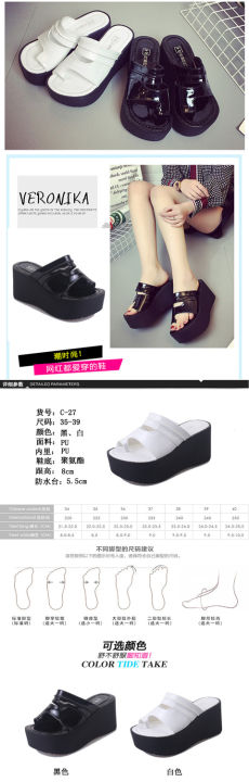 new-summer-high-heeled-set-toe-wedge-heeled-sandals-and-slippers-korean-womens-pu-bright-leather-sandals-and-slippers-thick-soled-muffin-heeled-sandals