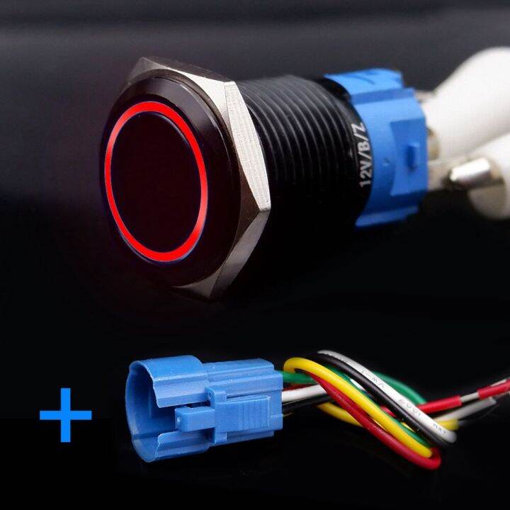 สวิตช์ปุ่มกดสีดำพร้อมไฟ-led-ลวด16-19-22มม-กันน้ำเรืองแสงได้5v-12v-220v-สีแดงสีน้ำเงิน