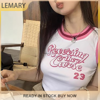 Lemary [2023แฟชั่นสุดฮอตใหม่] เสื้อกล้ามแบบผอมคอกลมแขนกุดผู้หญิงสีคมชัดจากถังพิมพ์ตัวอักษรฤดูร้อน