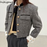 Hikigawa Jackets for Women Metal Buttons Plaid Vintage Short Outwear Tops Mujer Thicked Tweed Korean Chic Temperament Coat 99998