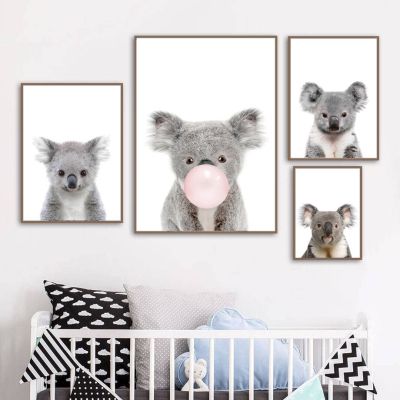 Colorful Nursery Wall Art - Baby Koala, Monkey, Giraffe Canvas Prints-ของขวัญวันเกิดที่สมบูรณ์แบบสำหรับการตกแต่งห้องเด็ก