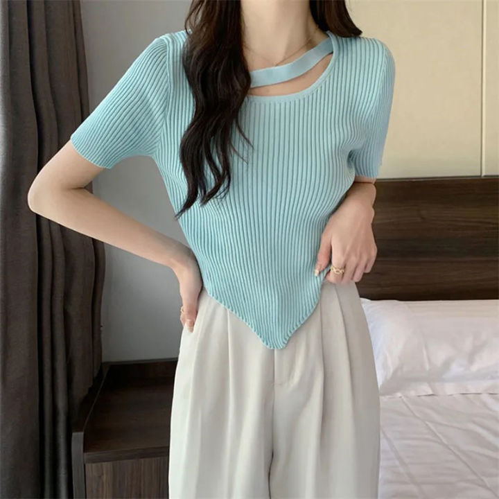 shenghao-เสื้อยืดถักแขนสั้นสำหรับผู้หญิงเสื้อยืดแฟชั่นสีทึบชิคๆสำหรับฤดูร้อน