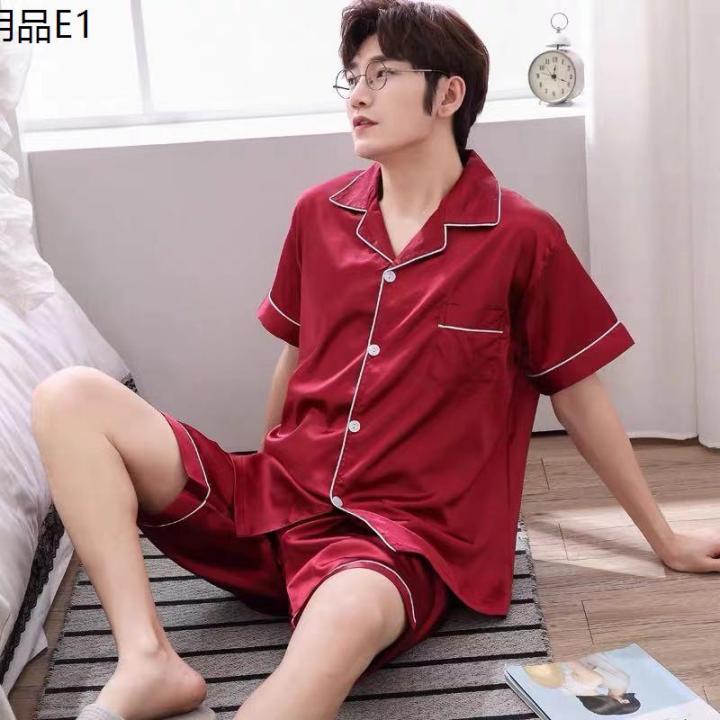 3333-1-ชุดนอนผู้ชายน่ารักๆผ้าซาตินนิ่มใส่สบายแขนสั้นขาสั้น-สีสวยสด-สไตล์เกาหลี-สินค้าพร้อมส่ง