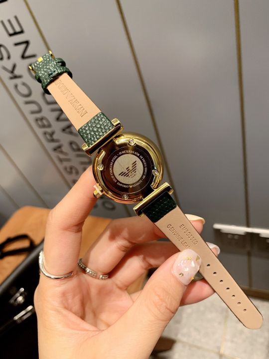 armani-นาฬิกาผู้หญิงหรูหราน้ำหนักเบา-นาฬิกาสายหนังนาฬิกาควอตซ์หน้าปัดกลม2022