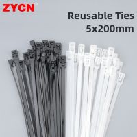 5x200mm Releasable Cable Ties Width：4.8mm Plastics Reusable Loop Wrap Nylon Zip Bundle Loose Slipknot Black White Buckle 100Pcs