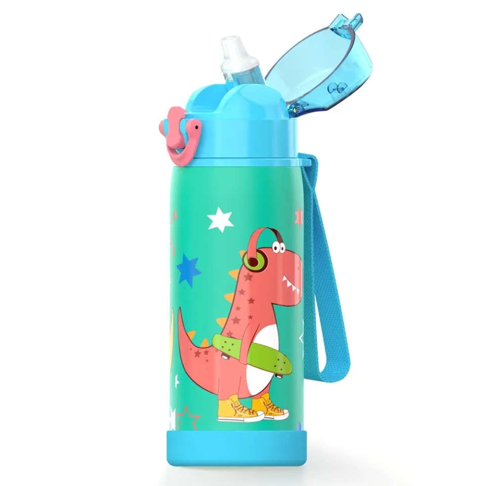 16 oz Insulated Water Bottle with Straw for Kids Durable Stainless Steel &  Leak Proof One Click Open Soft Sipper & Protective Silicone Boot (Unicorn)