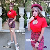 P11489 	Set เสื้อครอปคอจีนเจาะหยดน้ำ + กระโปรงลายสก็อต Set of mandarin collar shirt + polka dot skirt