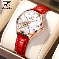 JSDUN 8924 Womens Automatic Mechanical Watch Waterproof Luxury Skeleton Movement Diamond Ladies Wristwatch Elegant Red Leather Strap Jam Tangan Perempuan Original 【BYUE】