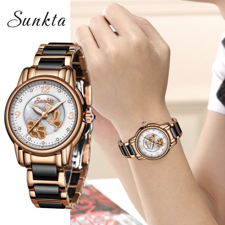 sunkta2022ใหม่ทองคำสีกุหลาบนาฬิกาควอทซ์สตรีดูเสื้อสตรีแบรนด์ผู้หญิงที่หรูหรานาฬิกาผู้หญิง-relogio-feminino-กล่อง