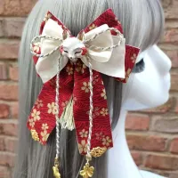 Cos Yae Miko Retro Fox Sakura Tassels Cute Big Bowknot Hairpin Headwear Japanese Kimono Haori Lolita Hair Accessories Side Clip Haberdashery