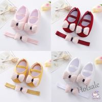 【hot sale】 ● C19 2 Pcs/set Baby Girl Shoes Bowknot Princess Shoes Toddler Soft Sole Non-slip Walking Shoes With Headband Set