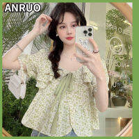 Anruo เสื้อแจ็คเก็ตแขนพองสำหรับผู้หญิง,เสื้อแจ็คเก็ตฤดูร้อนดีไซน์ไฮเอนด์ดอกไม้สด Baju Kerah Persegi