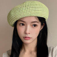 Y2k สาวหวานฤดูร้อนฟางสีเขียว Openwork Beret สีทึบ Simple Dome จิตรกรหมวก Berets หมวกสำหรับผู้หญิง