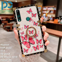 ใหม่แฟชั่นเคสโทรศัพท์หรูหราสำหรับ Huawei Y6P 2020 Y7A Y9 2019 Y9 Prime 2019 Honor 8X รูปแบบเปลือกผีเสื้อพิมพ์เคสโทรศัพท์หรูหราสแควร์กันกระแทกเคสโทรศัพท์พร้อมขาตั้งแหวน