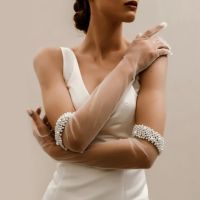 ▣♀ Beaded Pearl Bridal Gloves 1 Pair Tulle Wedding Gloves Transparent Long Above the Elbow Tulle Bachelorette Party Women Gloves