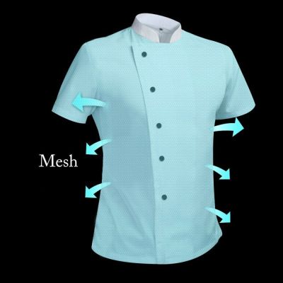 เสื้อแจ็กเก็ตพ่อครัวผ้าตาข่ายระบายอากาศสำหรับผู้ชายผู้หญิงเสื้อทำอาหารแขนสั้น