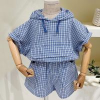 BaiLe Boys summer suits, childrens two-piece suits, 2021 new style Korean childrens cotton plaid hooded two-piece suits