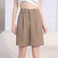 fashion women high waist shorts กางเกงขาสั้นเอวสูงแฟชั้นรุ่น588#ทรงผู้หญิง มีกระเป๋าข้าง ผ้าสูทผ้าลื่นทิ้งตัว เป็นเอวสม็อคด้านหลังแต่งด้วยหูเข็มขัด