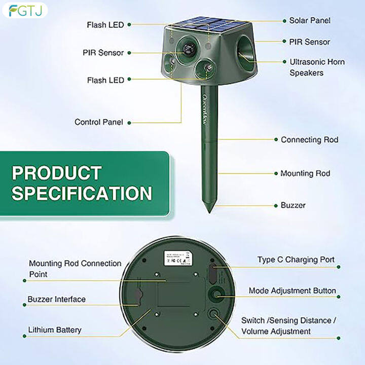 fgtj-เครื่องไล่หนู-งูด้วยคลื่นอุลตร้าโซนิกพลังงานแสงอาทิตย์เตือนการตรวจสอบกันน้ำกระรอกสำหรับสวนแมวป่ากระต่าย