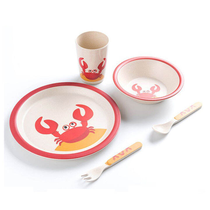 childrens-tableware-five-piece-suit-disc-bamboo-plate-cartoons-set-of-dishes-plates-baby-tableware-bowl-cup-fork-spoon