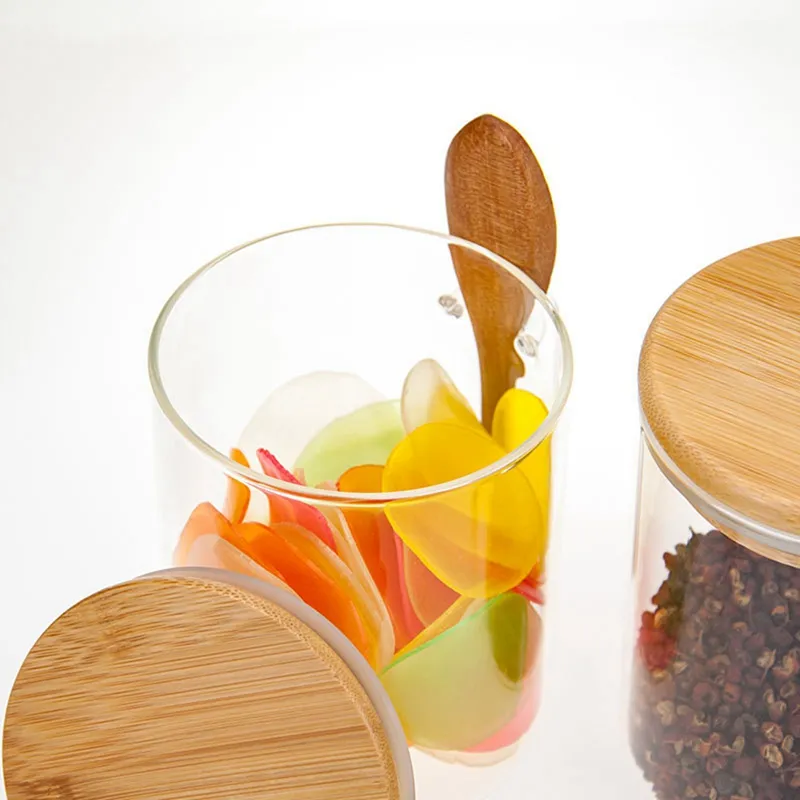Glass Jars with Bamboo Lids and Spoon Set of 3, 17 OZ Coffee Sugar