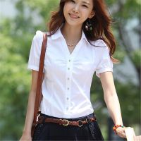 Suumer Women Shirts Elegant Women V-Neck Shirt Korean Fashion Cotton Blouses Shirts Office Lady White Work Shirt Women