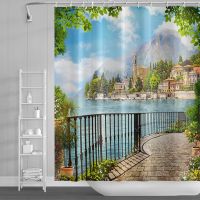 Cityscape 3D Print Shower Curtain Seaside City Mountain River Downtown Bathroom Waterproof Bathtub Curtain Home Decor With Hooks