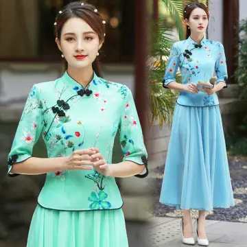 Fuchsia floral Chinese dresses chiffon qipao dress beach fashion dress for  women girls chiffon skirt restoring ancient ways