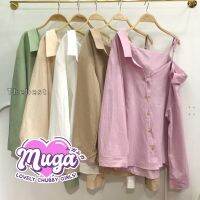 MG0049 เสื้อเชิ้ตไหล่เดียว ไซส์ใหญ่​ สีพาสเทล ผ้าคอตต้อนนิ่ม ใส่สบาย สาวอวบ กระดุมหน้า