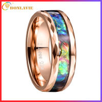 BONLAVIE 8mm Abalone Shell Tungsten Carbide Rings Unisex Wedding Bands Faceted Edge Comfort Fit Size 5-14