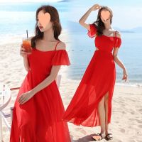 Super fairy lake qinghai desert tourism photo red strap dress female summer seaside holiday dresses