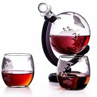 Whiskey Decanter Globe Wine Aerator Glass Set Sailboat Skull Inside Crystal with Fine Wood Stand Liquor Decanter for Vodka Cup Bar Wine Tools