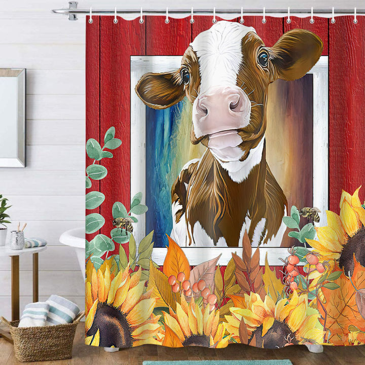 rural-farm-highland-cows-shower-curtains-lnspirational-quotes-flower-wood-board-background-bathroom-decor-waterproof-curtain-set