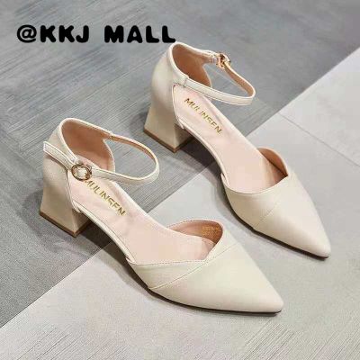 KKJ MALL Womens Shoes 2021 Spring and Summer One-word Buckle Mid-heel Comfortable Pointed Toe Single Shoes Baotou Womens Shoes Thick Heel Temperament Fashionable Versatile Hollow Sandals